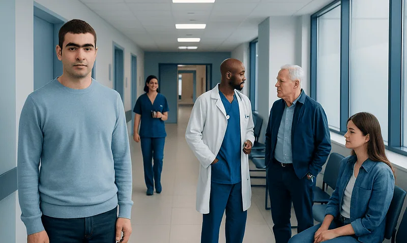 Patients and medical staff in a hospital corridor at Acibadem Hospitals Group.