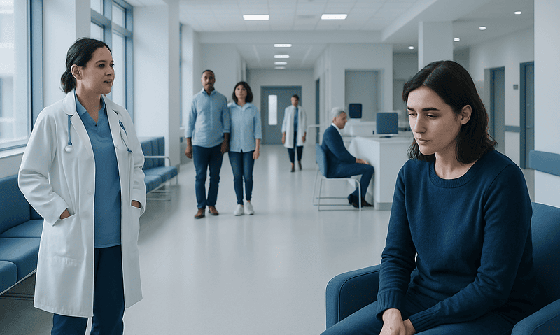 Patient waiting in hospital corridor with medical staff nearby.