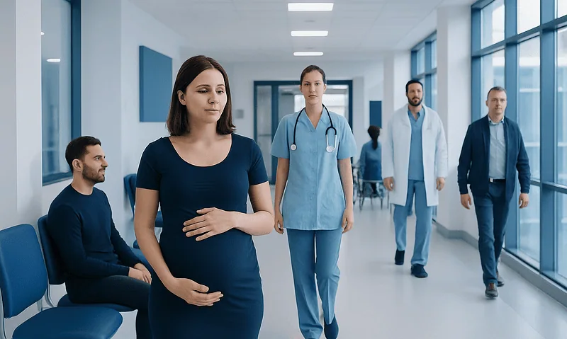 Pregnant woman in hospital corridor with medical staff and patients.