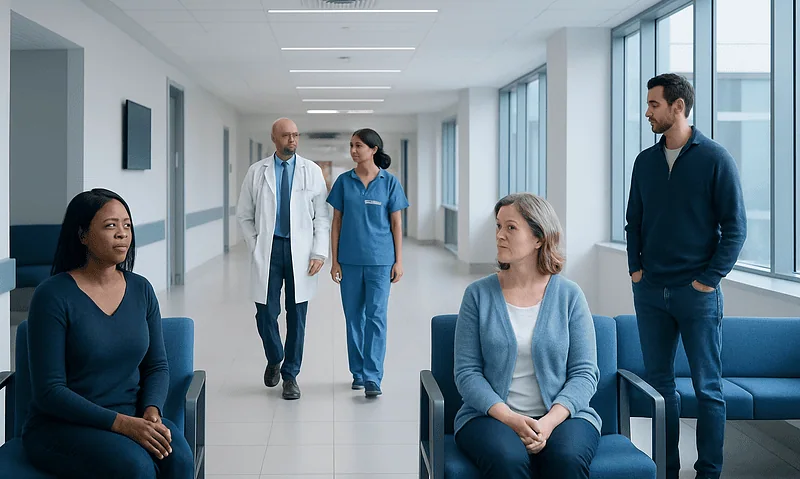 Hospital waiting area with patients and medical staff.