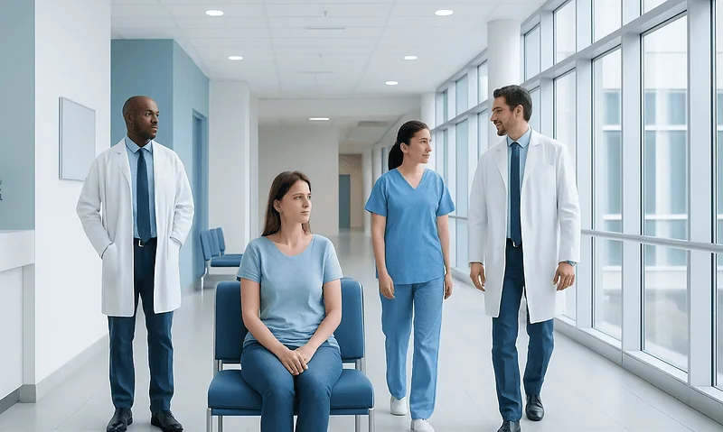 Medical team consulting with patient in hospital corridor.