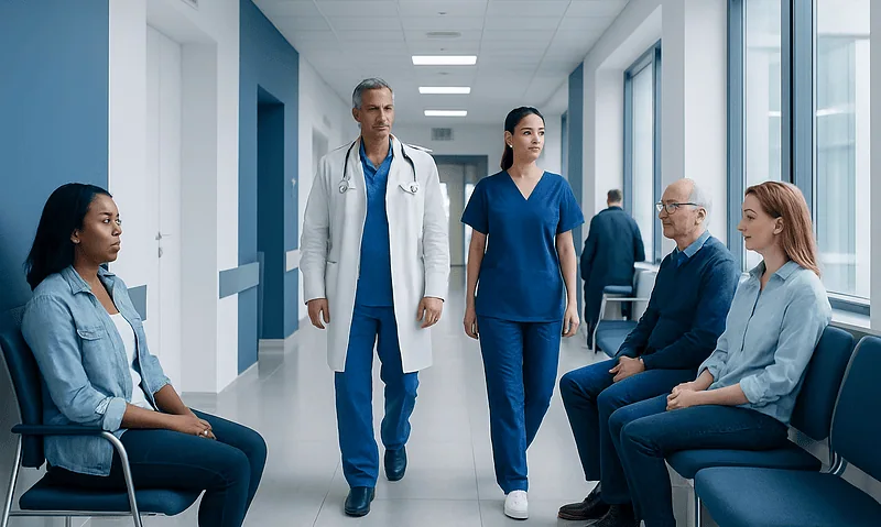 Medical team consulting with patients in hospital corridor.