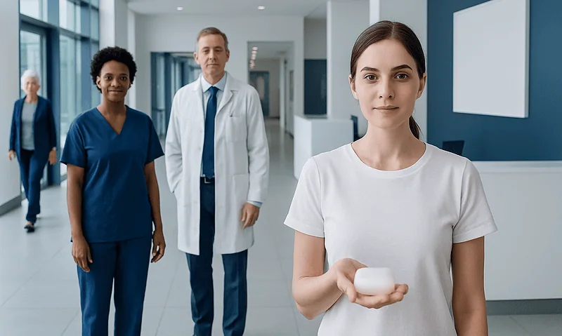 Young woman holding unscented soap in hospital corridor with medical staff.