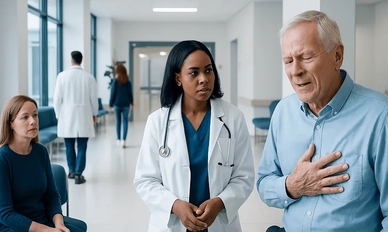 Doctor examining a patient with chest pain in hospital corridor.