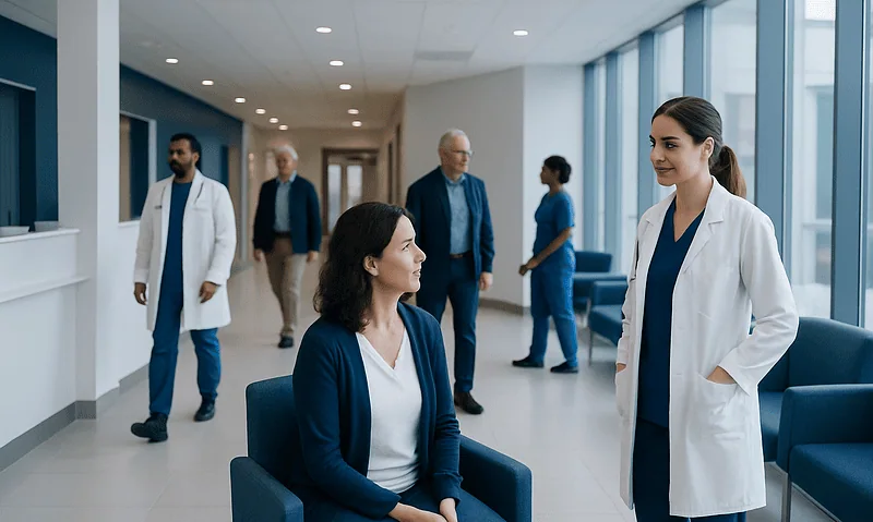 Healthcare professionals and patients in a modern hospital corridor.