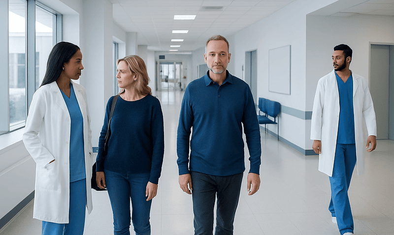 Medical professionals and patients walking in a hospital corridor.