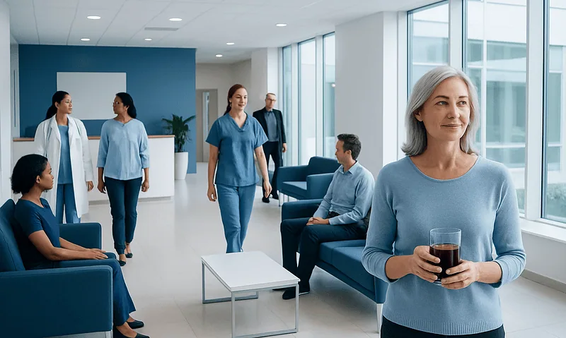 Healthcare professionals and patients in a modern hospital waiting area.