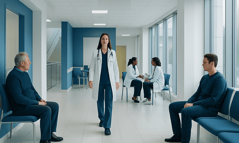 Doctor consulting with patients in a hospital corridor.