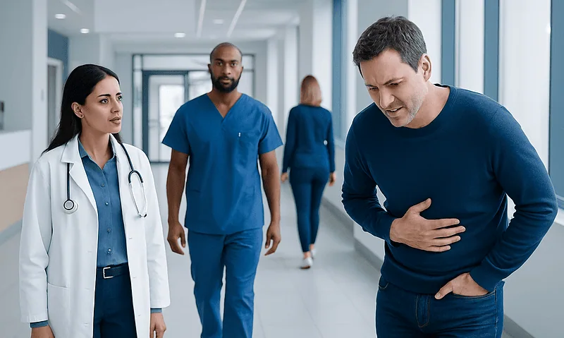 Patient experiencing upper abdominal pain in hospital corridor with medical staff nearby.