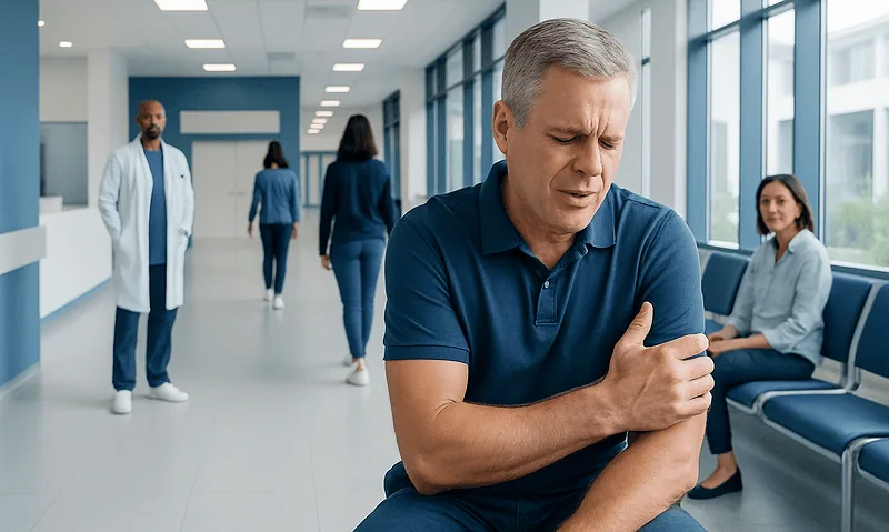 Upper Arm Pain: Common Causes, Related Conditions, and When to See a Doctor 15 Middle-aged man experiencing arm pain in hospital corridor.