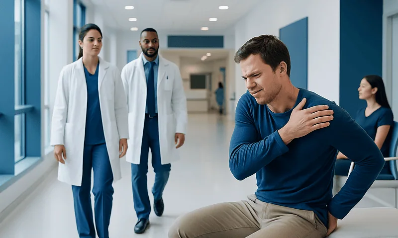 Man experiencing upper back pain in a hospital corridor with medical staff nearby.