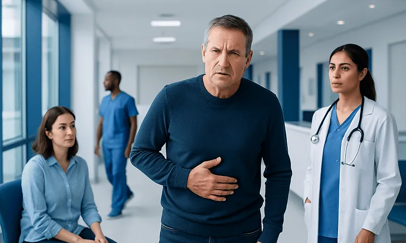 Upper left abdominal pain: Common Causes, Warning Signs, and When to Worry 15 Middle-aged man experiencing abdominal pain in hospital corridor.
