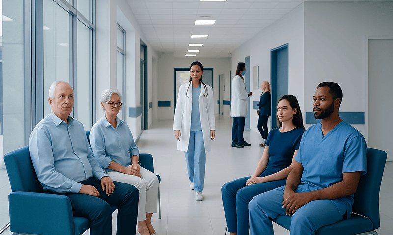 Patients waiting in a hospital corridor with medical staff nearby.