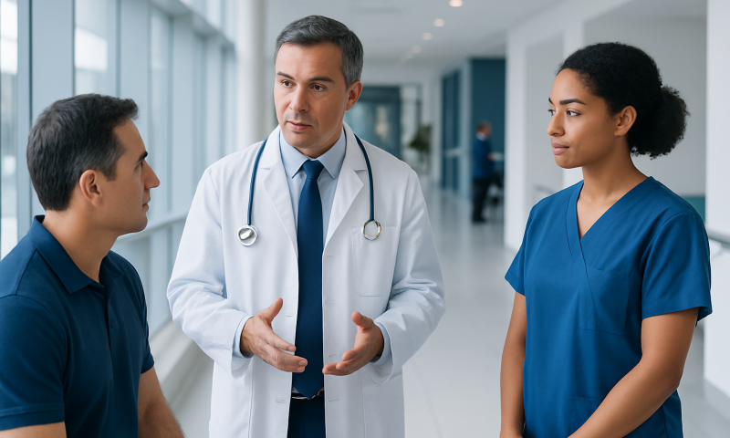 Doctor discussing with two nurses in hospital corridor.