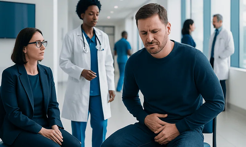 Man experiencing urethra pain in a medical consultation setting.