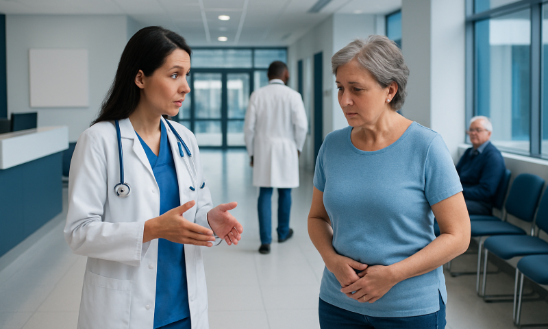 Doctor consulting with a patient in a hospital corridor.