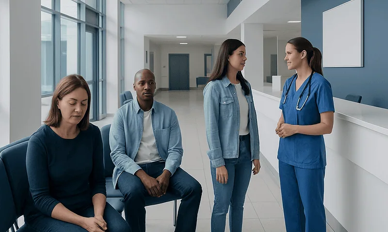 Urethritis: Early Signs, Risk Factors, and How It Is Treated 5 Hospital waiting area with patients and nurse in blue scrubs.