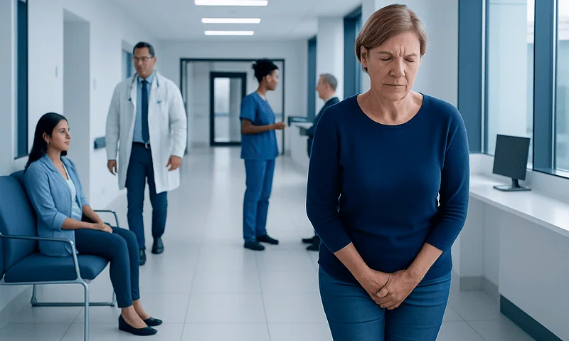 Woman experiencing urinary urgency in a hospital corridor with medical staff nearby.