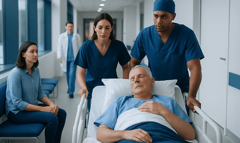 Medical team prepares patient for coronary artery bypass surgery in hospital.
