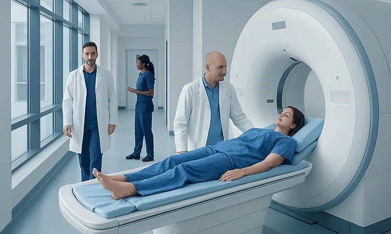 Medical team preparing patient for MRI scan in hospital corridor.