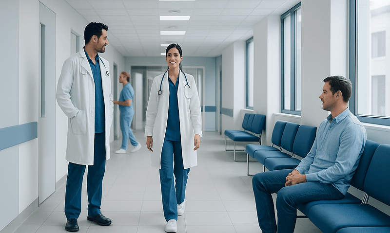 Medical team consulting patient in hospital corridor at Acibadem Hospitals.