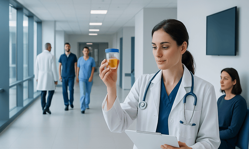 Doctor examining urine sample in hospital corridor.