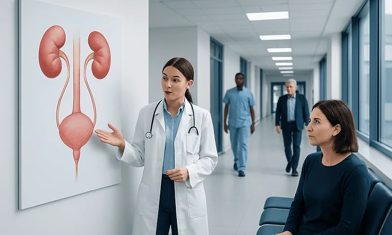 Urologist explains bladder anatomy to patient in hospital corridor.