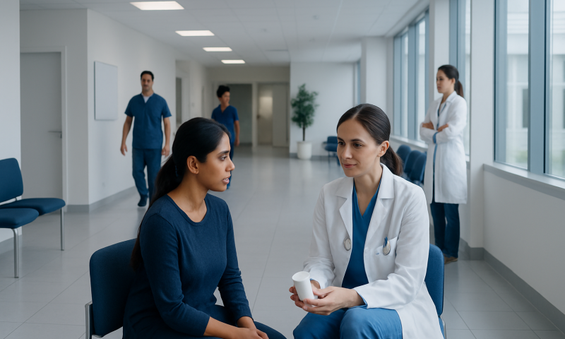 Doctor consulting patient in hospital corridor with medical staff in background.