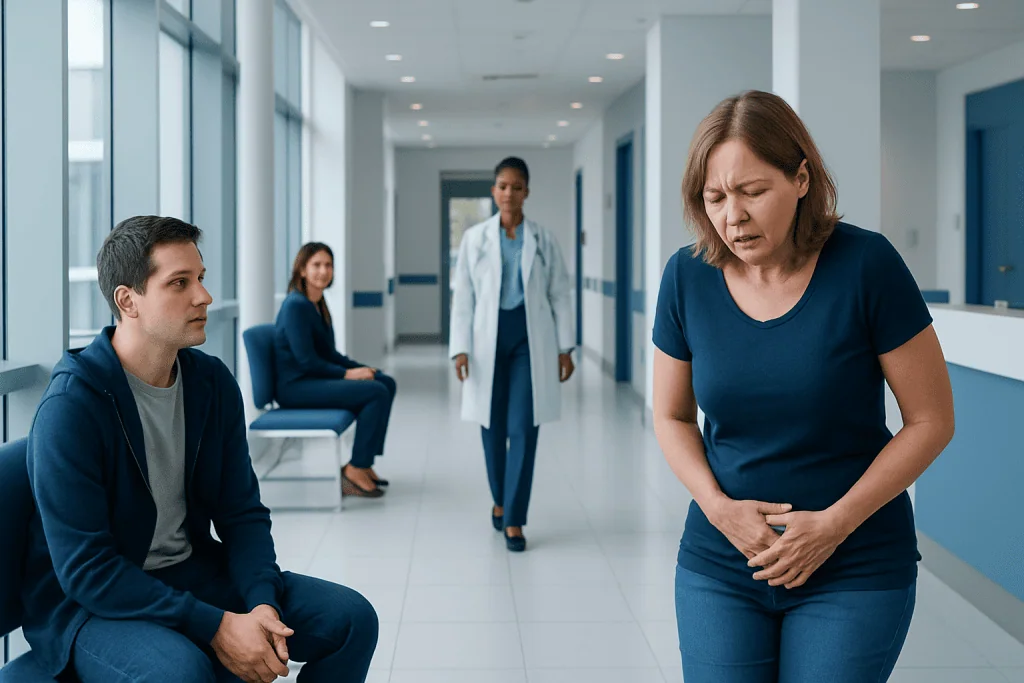 Urinary Urgency: An Evidence-Based Guide for Patients 1 Woman experiencing urinary discomfort in hospital corridor with medical staff nearby.