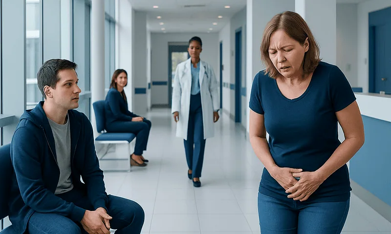 Woman experiencing urinary discomfort in hospital corridor with medical staff nearby.