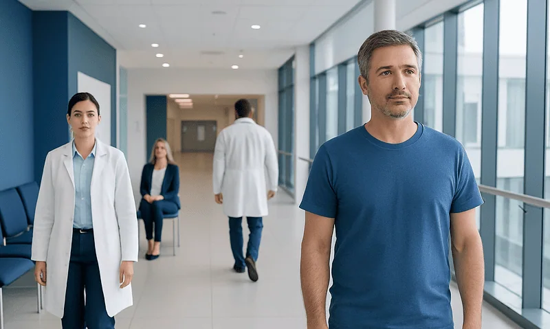 Male patient waiting in hospital corridor at Acibadem Hospitals Group.
