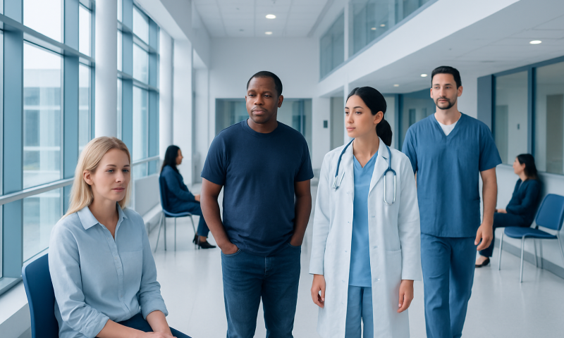 Medical team consulting in hospital corridor with patients and staff.
