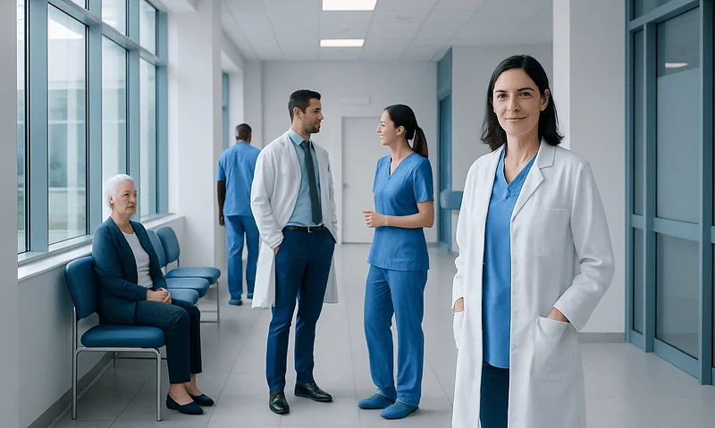Medical team and patient in hospital corridor at Acibadem Hospitals Group.