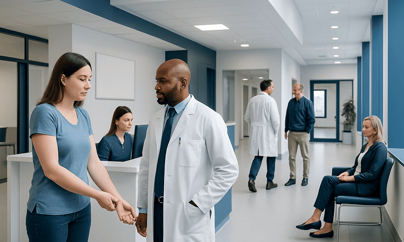Doctor consulting a patient in a modern hospital corridor.