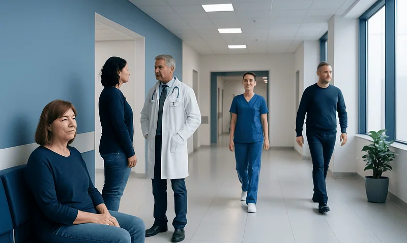 Medical staff and patient in hospital corridor at Acibadem Hospitals Group.