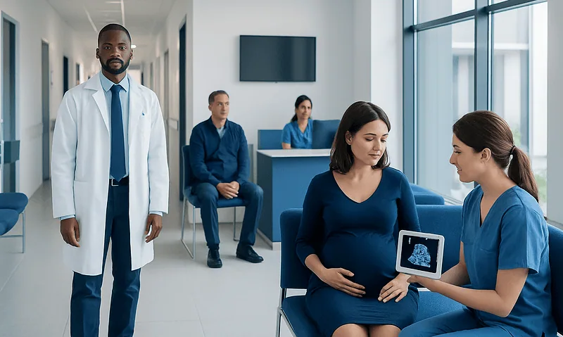 Pregnant woman and healthcare professional discussing ultrasound scan in hospital.