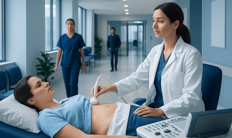 Doctor performing pelvic ultrasound on patient in hospital corridor.