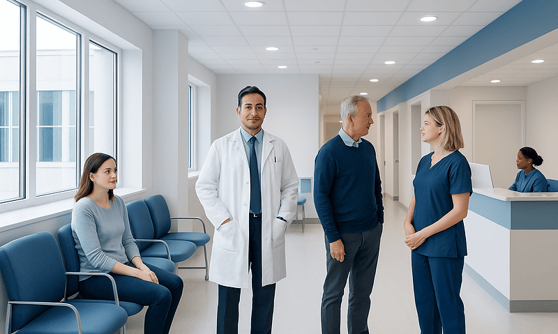 Medical consultation in a modern hospital corridor with healthcare professionals and patients.
