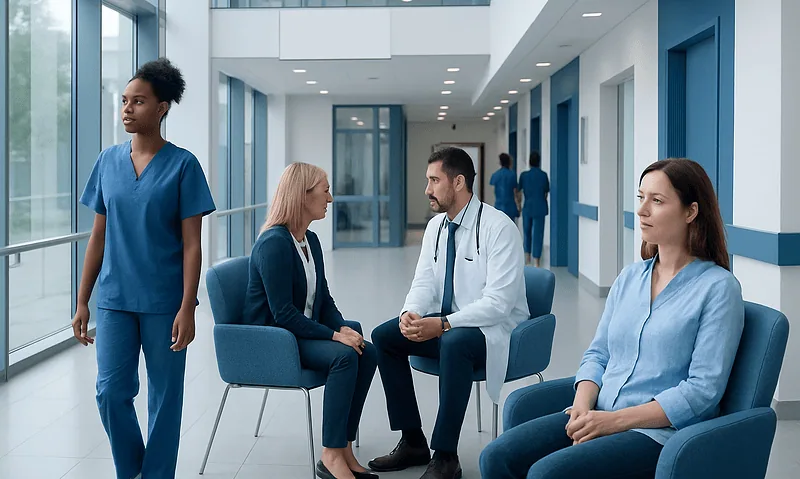 Medical consultation in a modern hospital with healthcare professionals and patient.