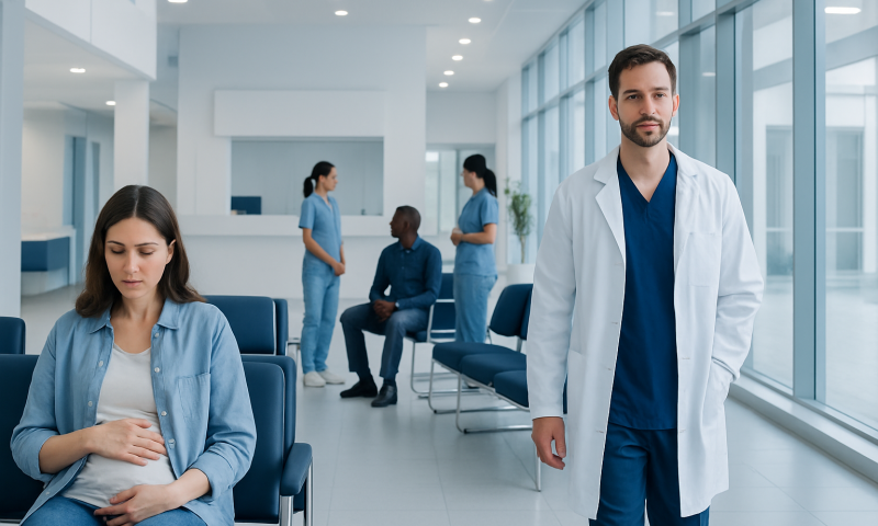 Patient in hospital waiting area with medical staff and doctor.
