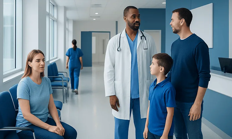 Doctor talking to a boy and his father in a hospital corridor.