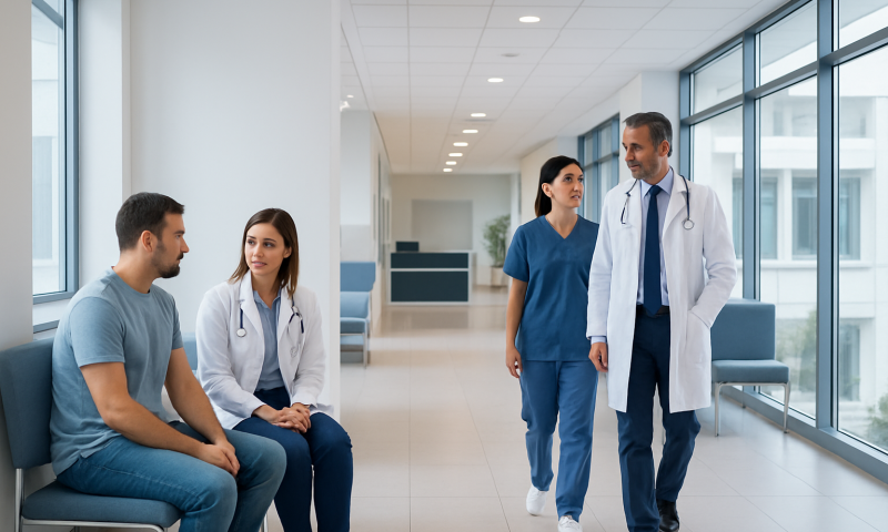 Medical professionals consulting in a hospital corridor with patients.