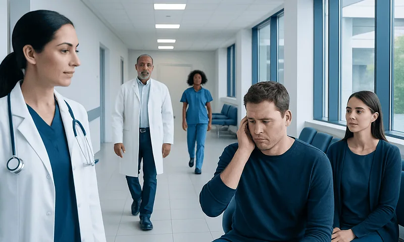 Patient experiencing ear discomfort in a hospital corridor with medical staff nearby.
