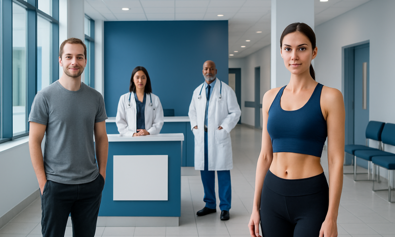 Healthy young woman and man in a hospital corridor with medical staff in background.