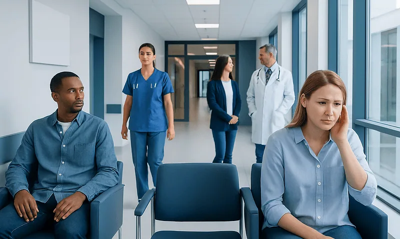 Patients waiting in a hospital corridor with medical staff nearby.