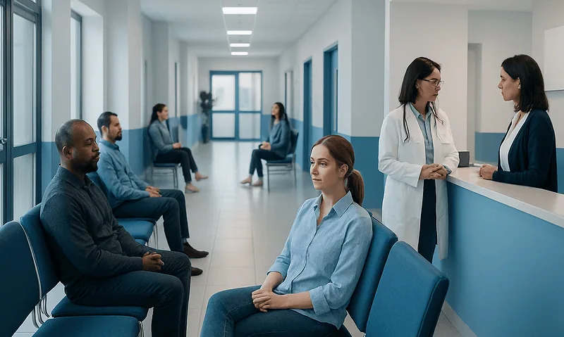 Patients waiting in a hospital corridor at Acibadem Hospitals Group.