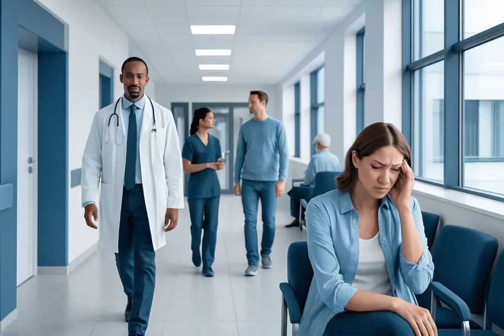 Headache relief: What Works at Home, What Doesn't, and When to See a Doctor 1 Woman with headache in hospital corridor with medical staff and patients.
