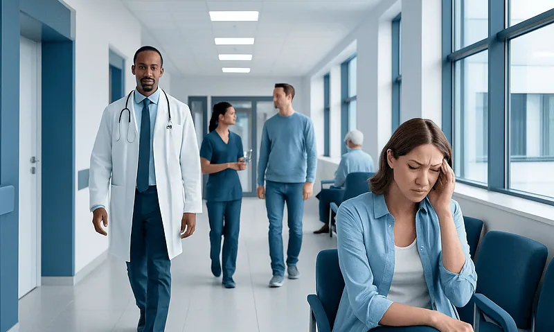 Woman with headache in hospital corridor with medical staff and patients.