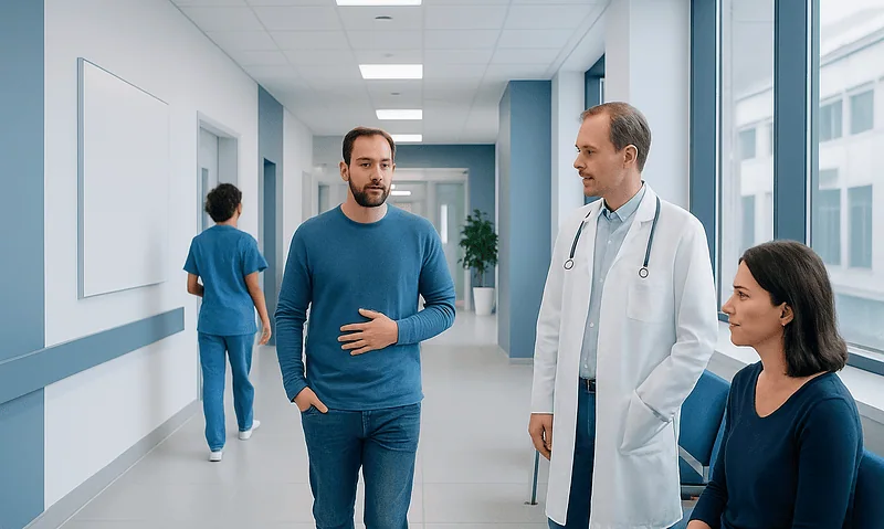 Patient consulting with doctor in hospital corridor.