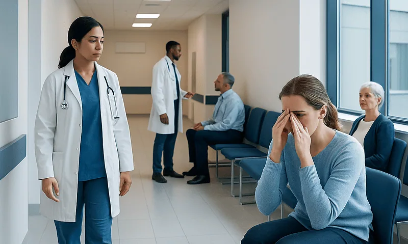 Patient experiencing sinus pressure in a hospital waiting area.